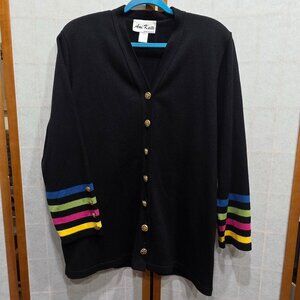 VINTGE Long Sleeve Black Sweater with Colorful Stripes on Sleeves sz 2X